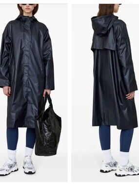 Anine Bing Randy Raincoat Black Logo Embroidered Mid Length Rain Coat Womens S